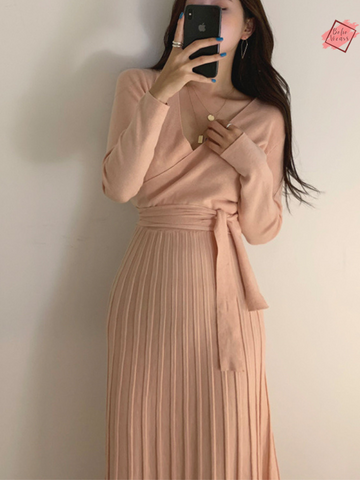 Stretchy Knitted Bodycon Dress for Women | V-Neck, Long Sleeve Winter Vestidos | Chic Korean Style