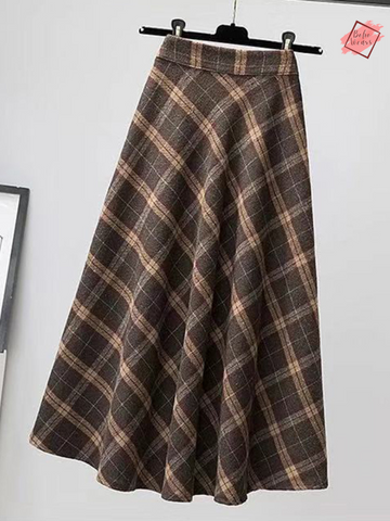 2024 Autumn Winter High Waist Woolen Plaid Skirt – Korean Style A-Line Pleated Long Skirt