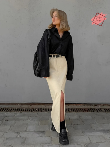 Chic Apricot High Waist Split Skirts for Women - Elegant Mid-Calf Office Cotton Skirts - Casual Straight Style for Street Fashion