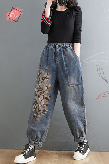 Embroidered Jeans, Women Joggers, Oversized Elastic Waist Pants, Loose Harem Pants, Denim Trousers, Casual Jeans, Plus Size Jean Pants