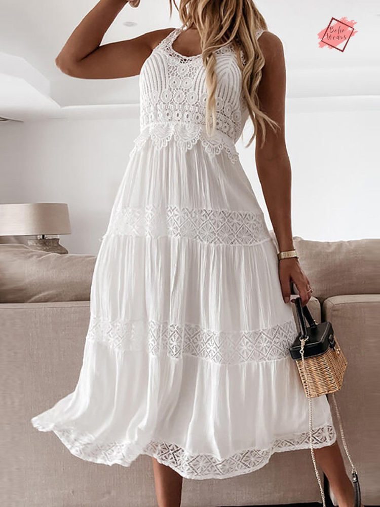 Ethereal White Lace Dress - Elegant V-Neck Dress with Patchwork Detailing