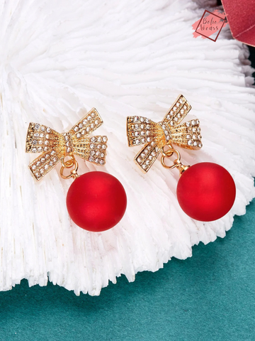Elegant Red Rhinestone Christmas Bow Earrings for the Festive Season