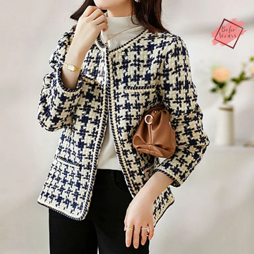 2024 Women's Elegant Tweed Blazer: Autumn/Winter Casual Plaid Coat with Pockets and Lining