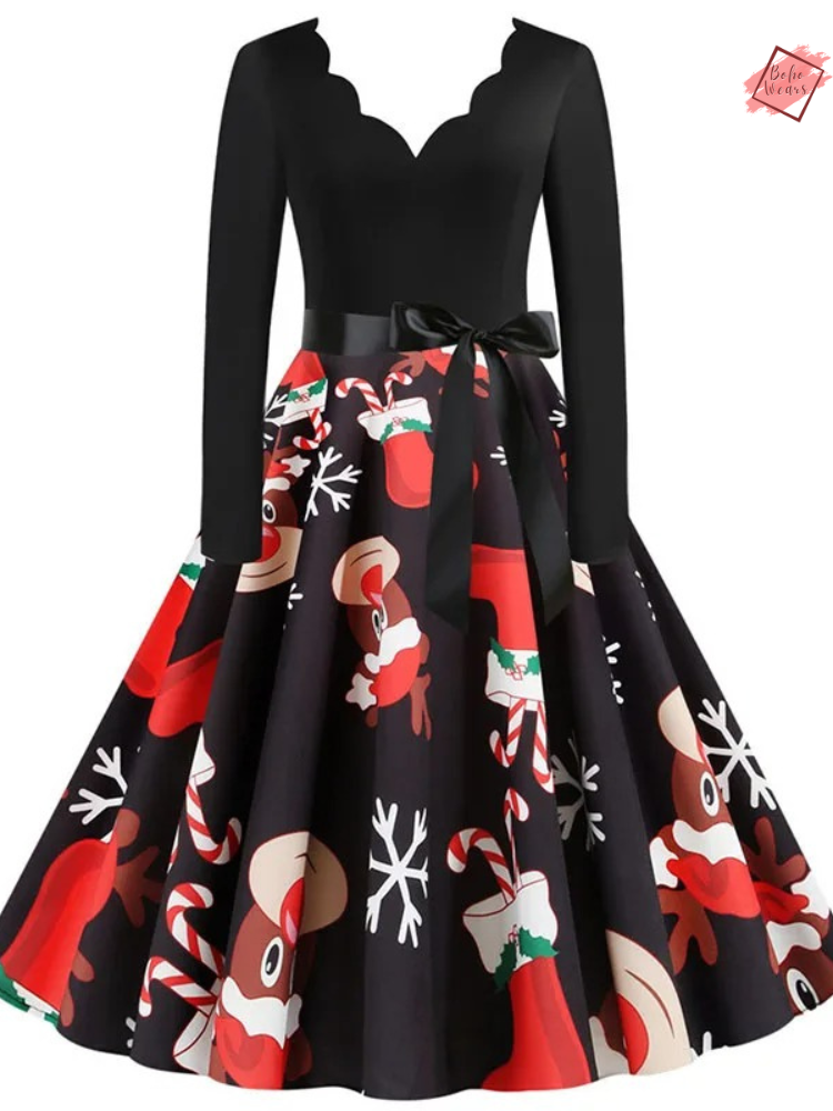 Stylish Winter Casual: Black Big Swing Print Christmas Dress for Women - Festive Fashion