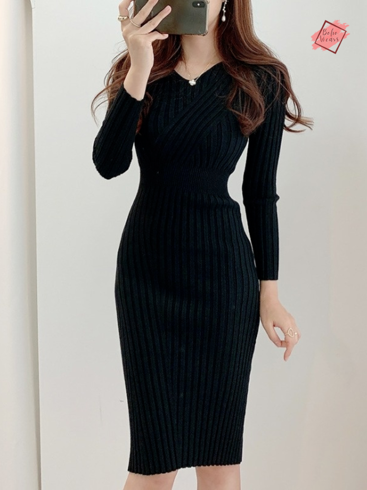 Vintage V-Neck Bodycon Dress with Long Sleeves | Knitted Party Robe for Women