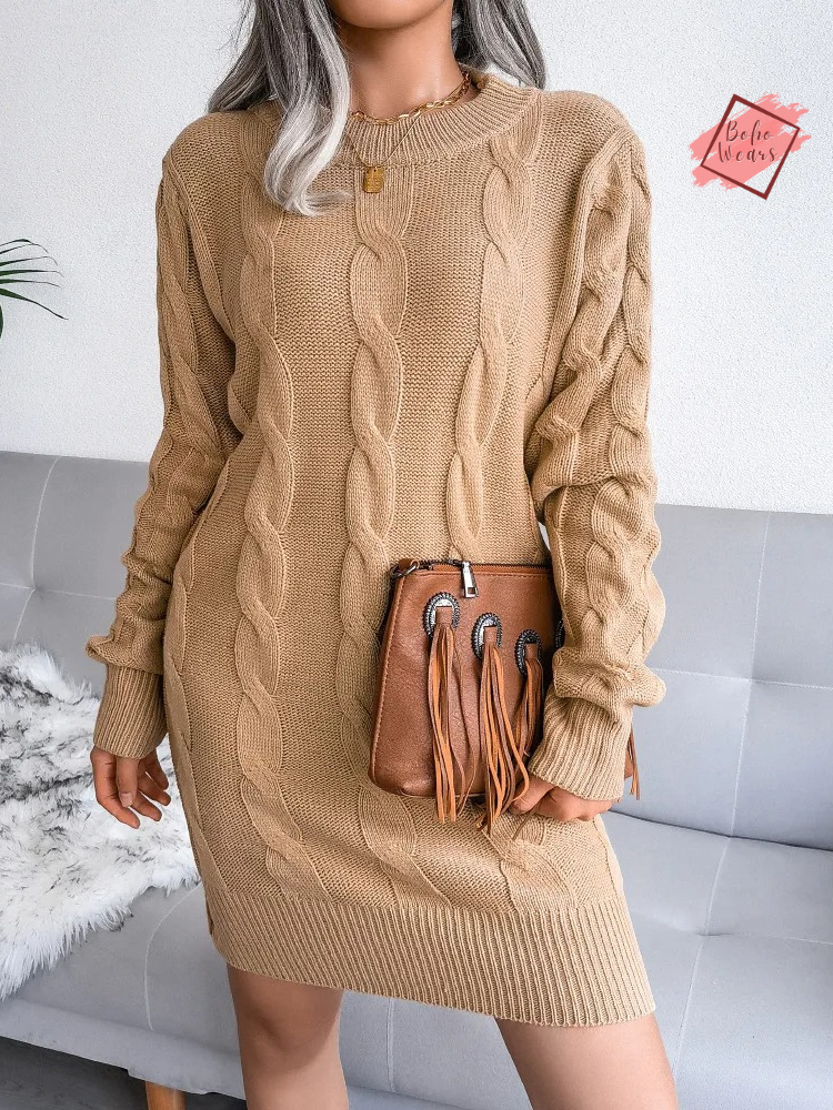 Women's Solid Color Twist Wrap Hip Sweater Dress - O Neck, Full Sleeve Knitwear for Autumn/Winter