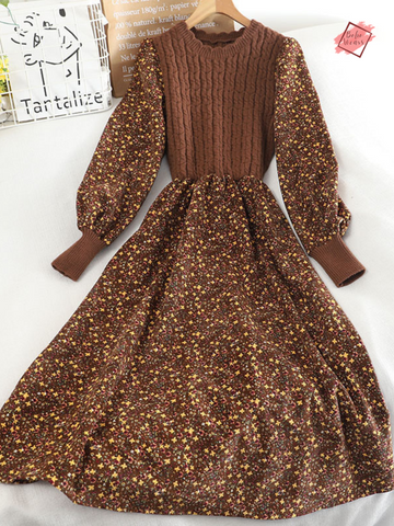 Autumn-Winter Floral Corduroy Knitted Dress with Long Sleeves & Belt - Elegant A-line Sweater Dress for Women