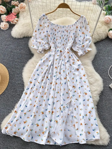 Chic Floral Print Summer Dress with Puff Sleeves for Women - Long Party Dress