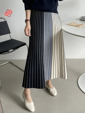 Vintage Maxi Skirt - Warm and Stylish Autumn Winter Knitting Skirt with Thick Stripes