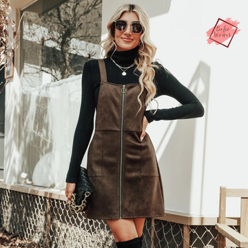 Women's 2024 Faux Suede Pinafore Dress: Sexy Square Neck, Wide Straps, O-Ring Shift Mini Dress