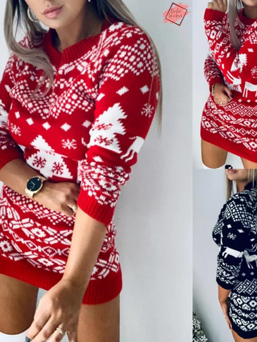 Autumn/Winter A-line Mini Dress: Festive Christmas Print with Loose Long Sleeves for Women