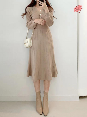 Elegant Vintage Korean Pleated Dress