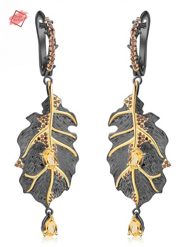 Artistic Monstera Leaves Earrings Inspired by Georgia O'Keeffe with Natural Citrine