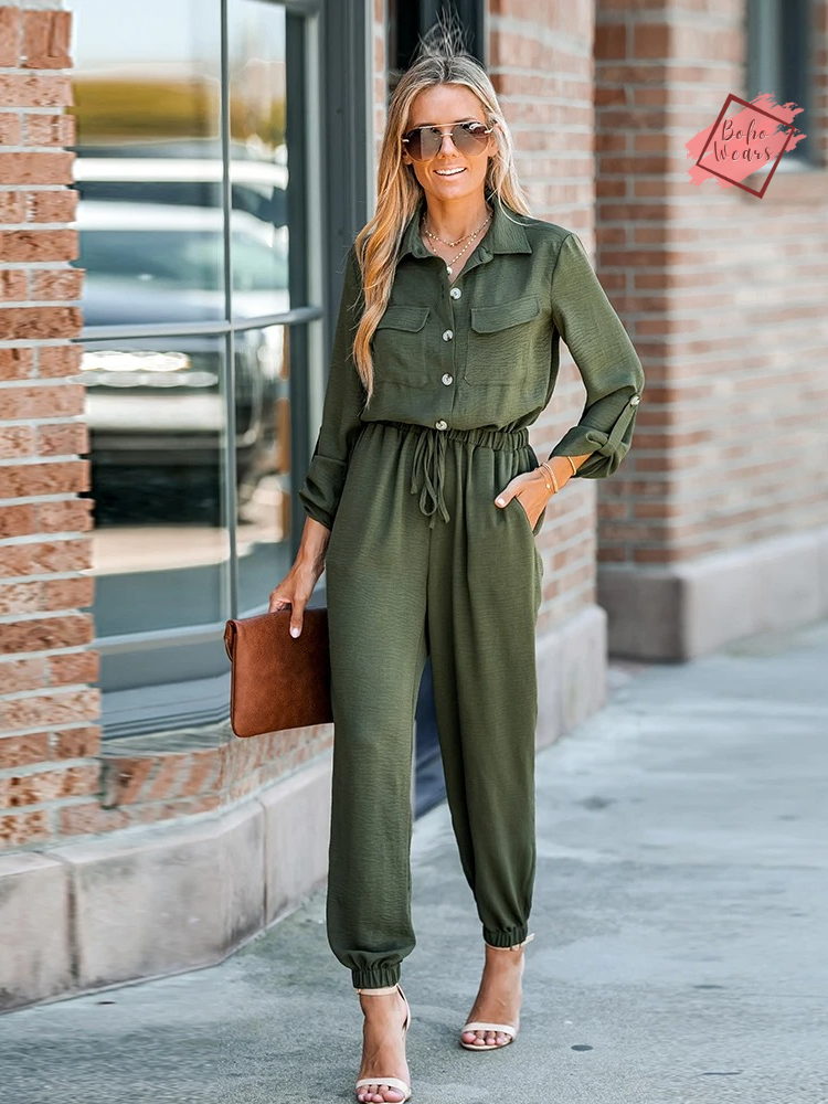 Women's Button-Front Jogger Jumpsuit: Sexy Drawstring Design with Long Sleeves and Basic Collar