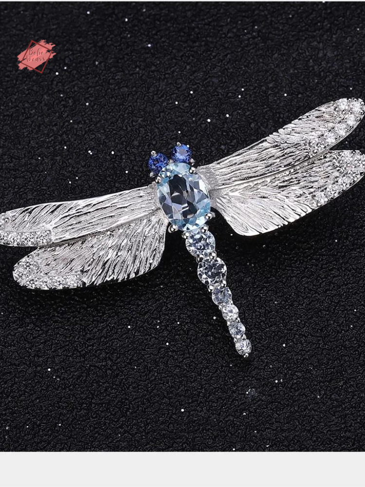 Handmade Sterling Silver Dragonfly Brooch with Elegant Sky Blue Topaz - Fine Jewelry