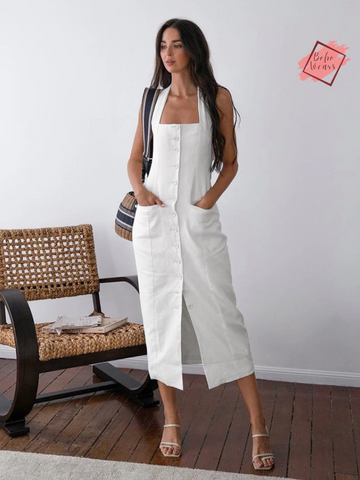 2024 Elegant White Cotton Summer Dress for Women - Slim Straight Style with Lace-Up, Pockets, and Button Details
