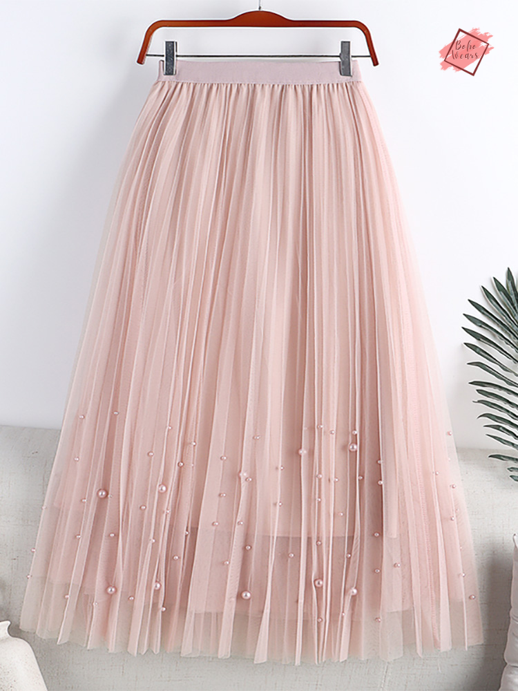 2024 Spring-Summer Women's Midi Skirt: Elevate Your Casual Look with Faux Pearl Beading & Tulle Pleats