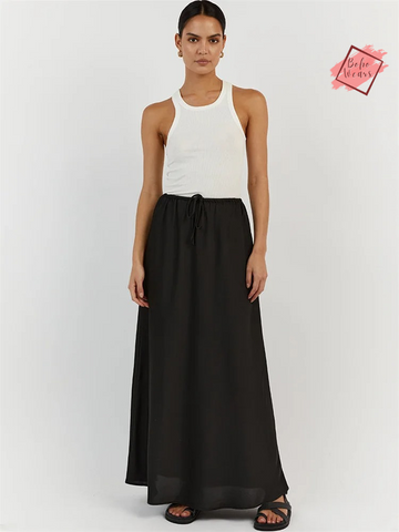 Women's Elegant High Waist Maxi Skirt: Casual Solid Satin with Lace-Up Detail and Patchwork Design