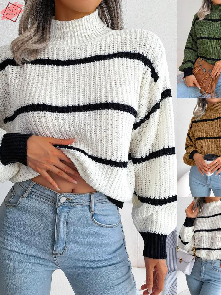 Chic Autumn/Winter Fashion: Women's Striped Turtleneck Knit Sweater