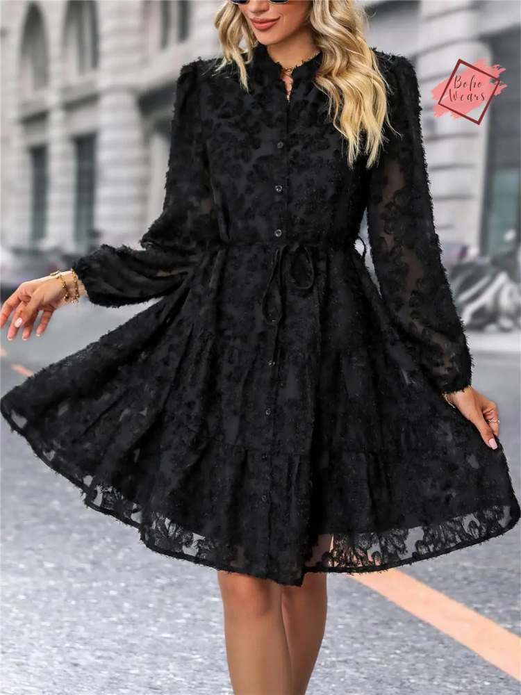 Chic Knee-Length High Waist Dress | Long Sleeve Soild Print | Casual Women's Fashion