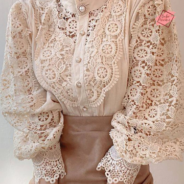 Chic Oversized Chiffon Turtleneck Blouse – Floral Lace Hollow Button Long Sleeve Top for Women 2024