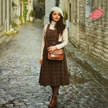 Women's Vintage Korean Plaid Woolen Dress: Autumn Winter Spaghetti Strap with Belt