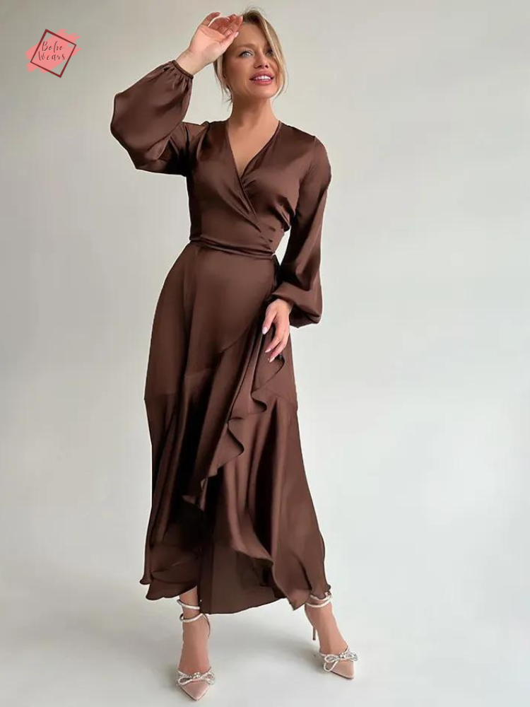 Elegant Brown Satin Wrap Dress with Asymmetrical Design by BohoWears