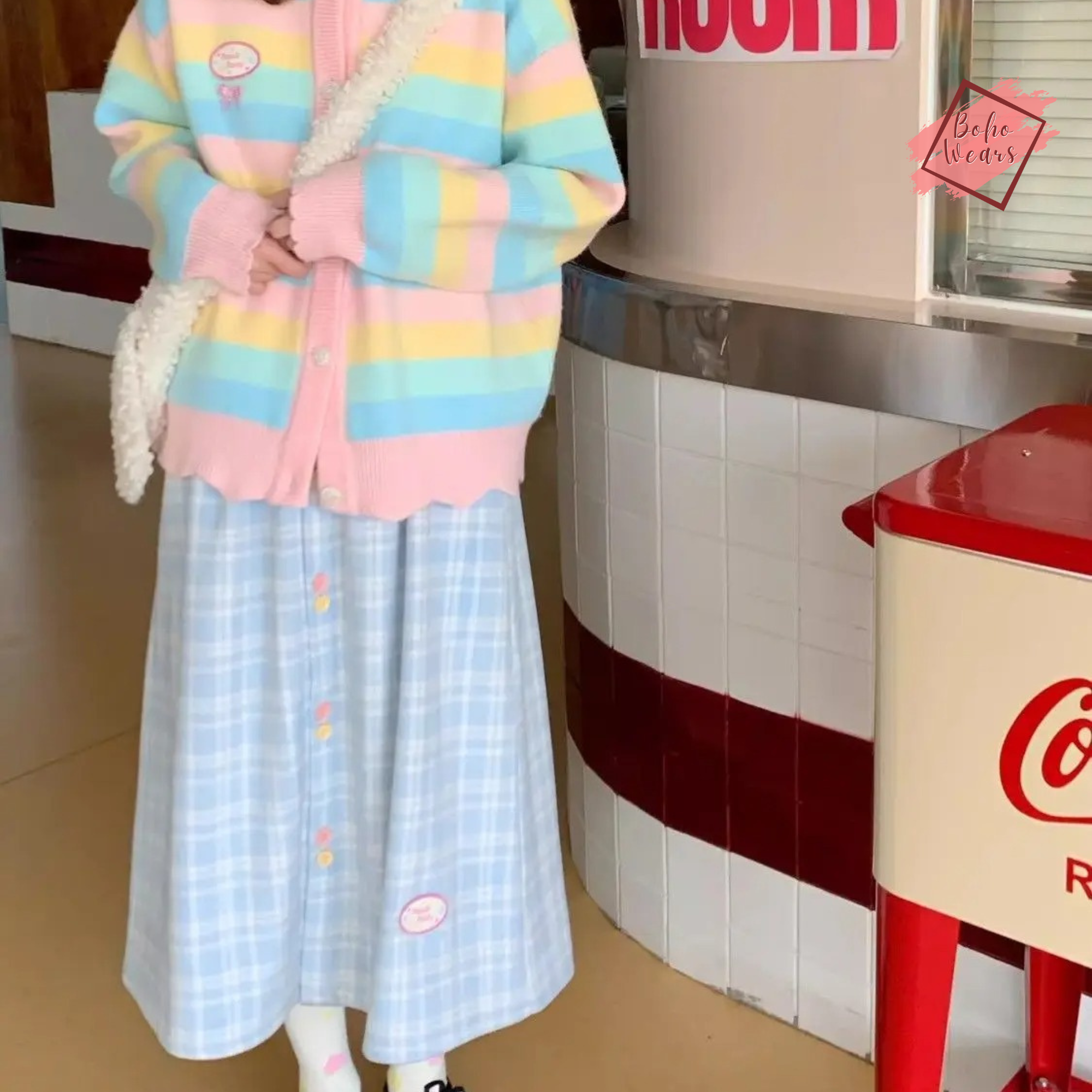 Kawaii Patchwork Plaid Skirt - Cute Blue Woolen Long Skirt - Elastic Waist - Winter A-line Button Style