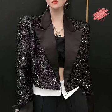 Elegant Sequined Crop Jacket - Vintage-inspired Women's Blazer for Spring and Autumn