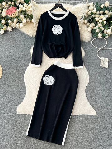 Winter Flower Design Sweater Suit - Elegant Two Piece Knit Set with Long Sleeve Pullover and Elastic Waist Long Skirt