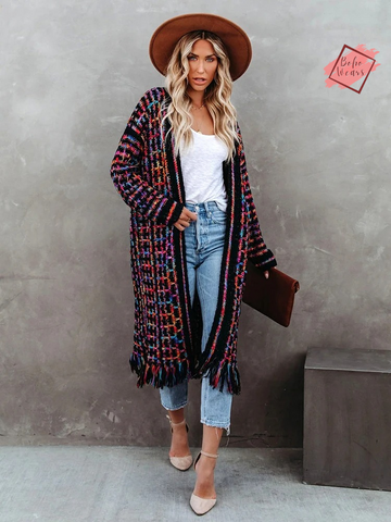 Boho Chic Long Jacket: Vintage Women's Cardigan with Colorful Fringe for Winter Fashion