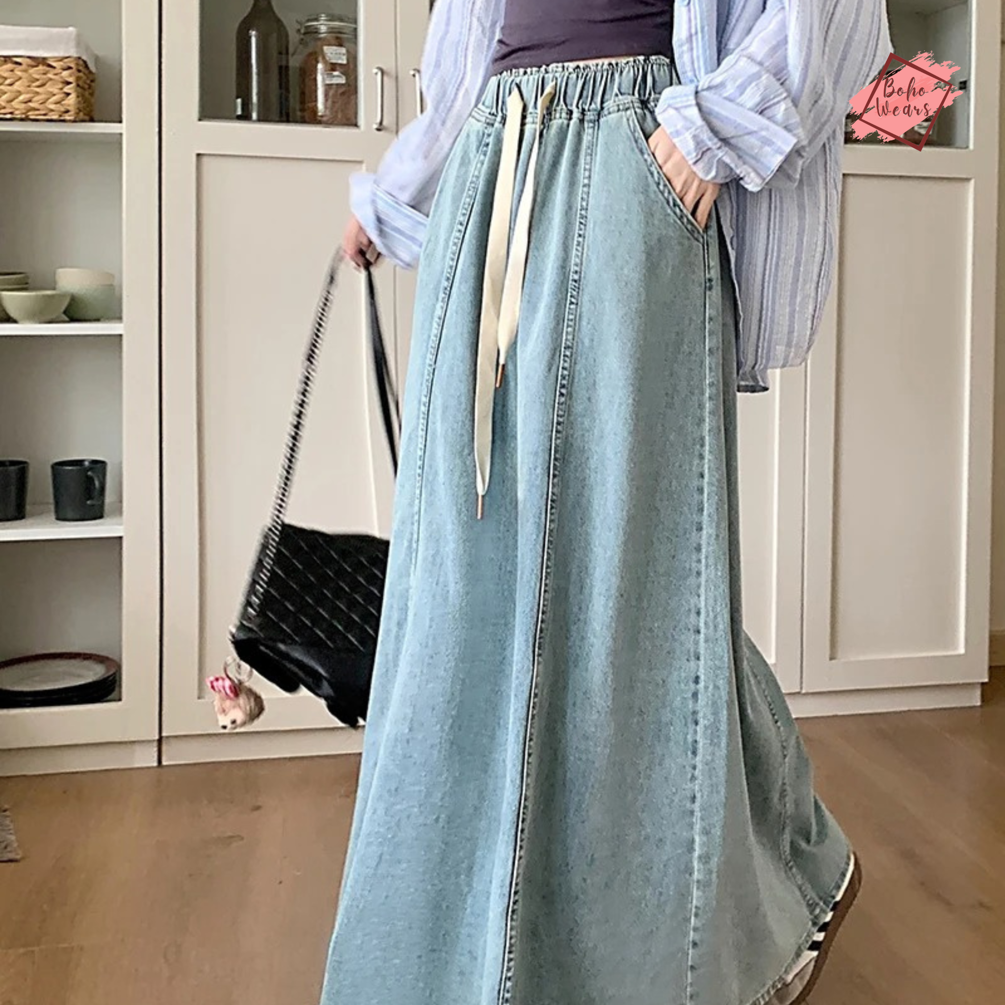 Korean Style Long Denim Skirt 2024 – High Waist Lace-Up A-Line Jeans Skirt for Women