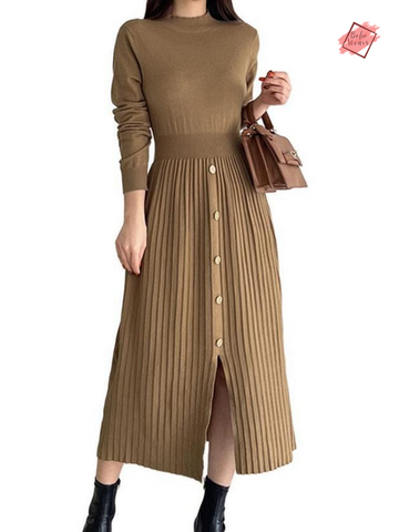 Embrace Elegance this Autumn-Winter with Our Women's A-Line Knit Pleated Dress