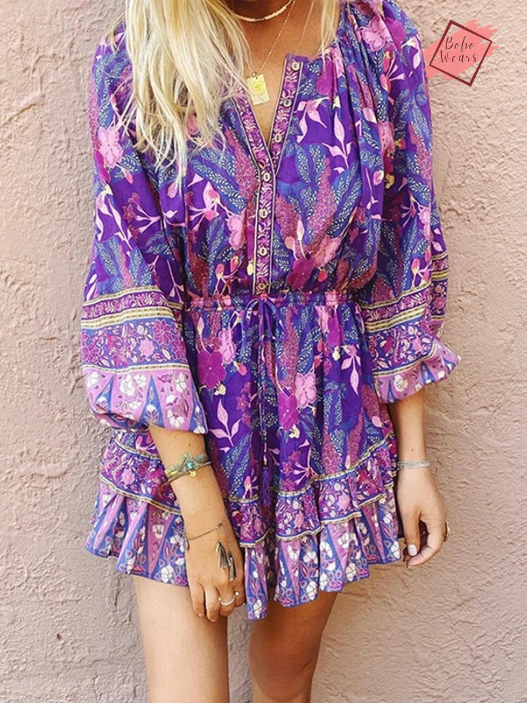 Floral Print V-Neck Bohemian Mini Dress | Vintage Chic Women's Fashion