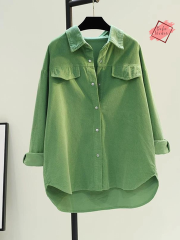 Chic Oversized Vintage Corduroy Shirt for Women - Single Breasted, Long Sleeve, Solid Color