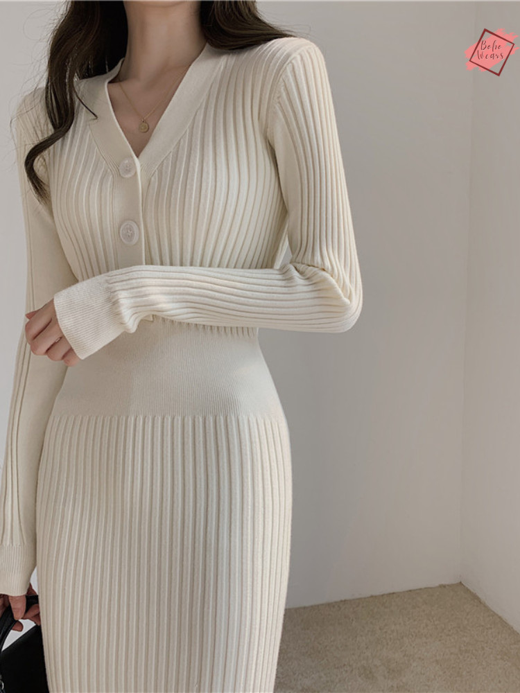 Korean Vintage Elegant Sweater Dress | Long Sleeve Slim Bodycon Midi for Women