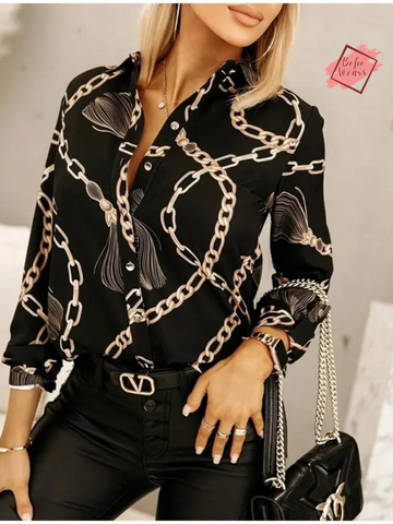 Ladies' 2024 Vintage Satin Printed Blouse: Single Breasted, Long Sleeve, Button Shirt for Office Wear
