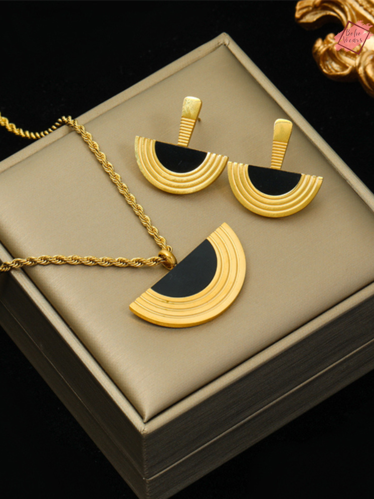 Luxury Geometric Semicircle Jewelry Set: Stainless Steel Pendant Necklace & Earrings for Women