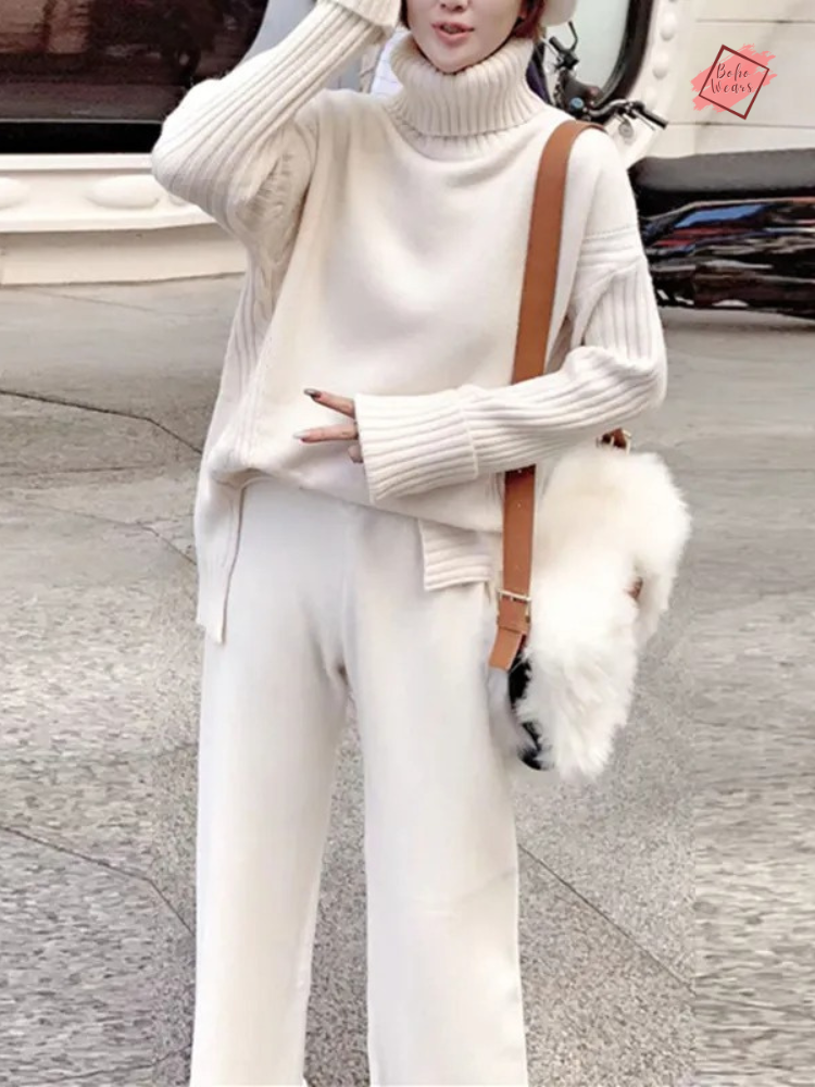 Elevate your Winter Wardrobe: Trendy Knit Pullover Suits - Turtleneck Sweater and Wide Leg Joggers