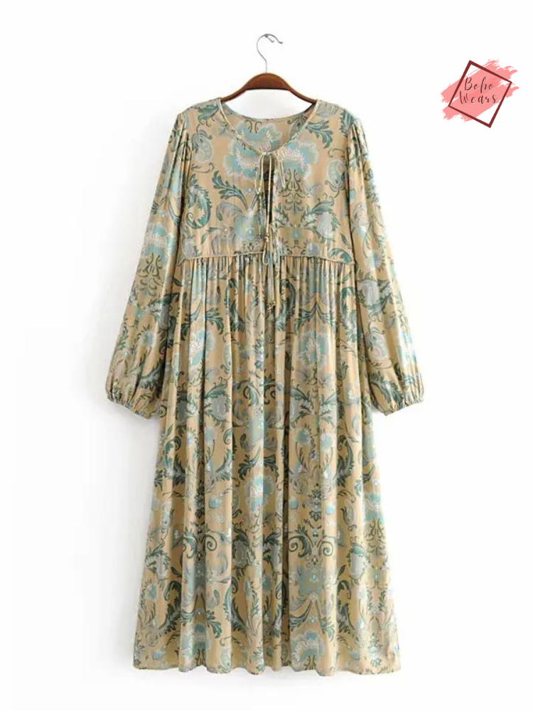 Vintage Inspired Lace-up V-neck Boho Dress: Women's Floral Print Midi Beachwear