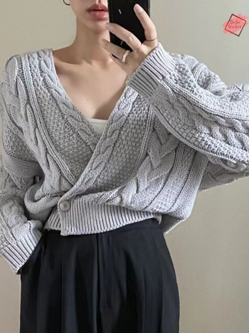 Plus Size Ribbed V-Neck Sweater - Loose Fit Winter Cardigan with Cross Trim for Women