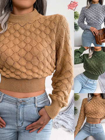 Diamond Cutout Long Sleeve Crop Sweater - Chic Solid Color Knit Top for Women's Winter Fashion