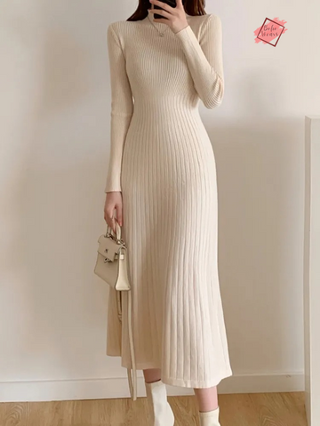 Elegant Knitted Sweater Dress for Women - Slim Long Sleeve Midi Dress (Winter 2024 Collection)