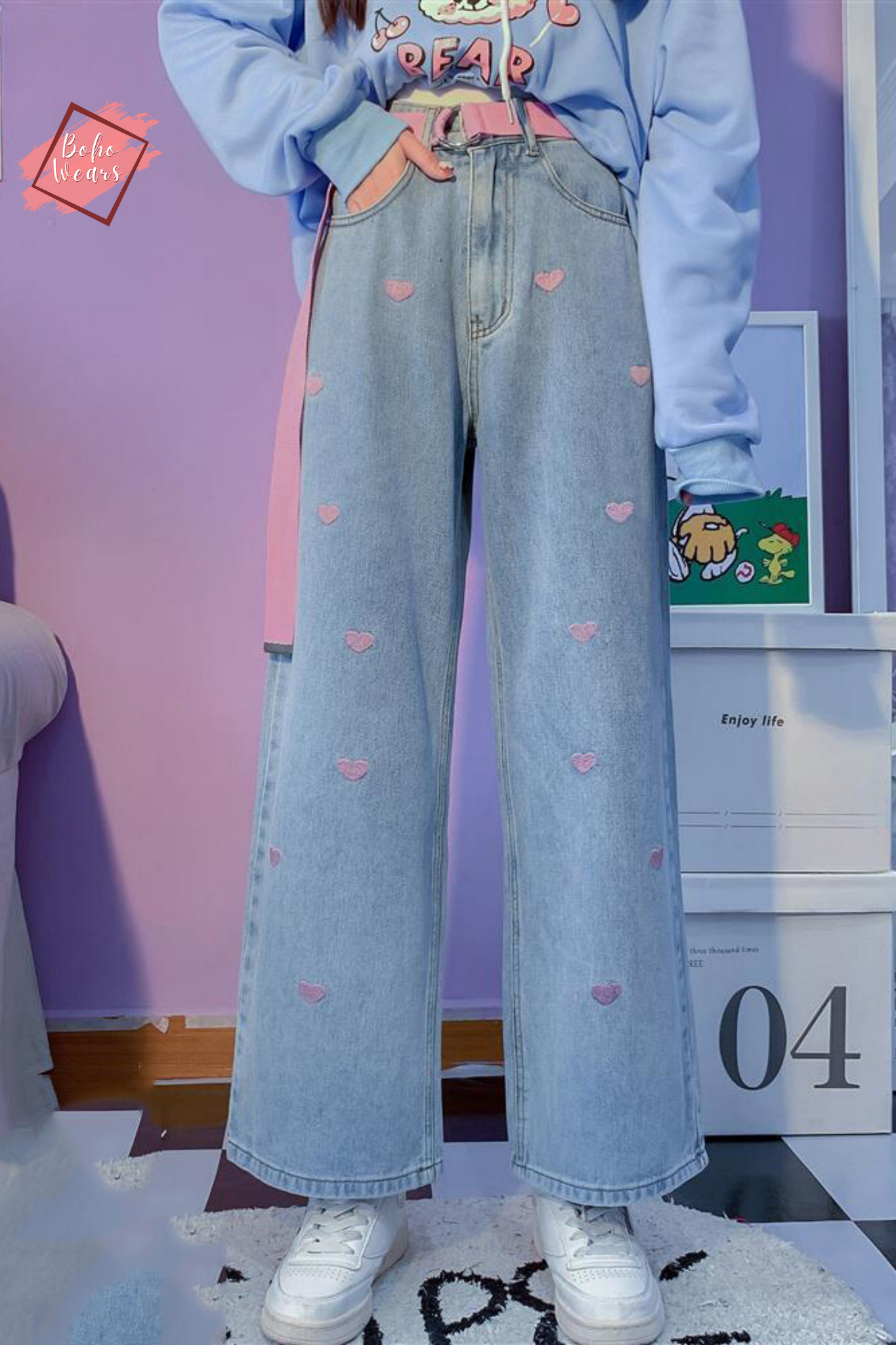 Sweet Hearts Embroidery Jeans - A Retro Chic Statement Piece by BohoWears