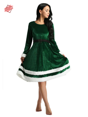 Women's Mrs. Santa Claus Costume: Soft Velvet, Long Sleeve Festive Dress