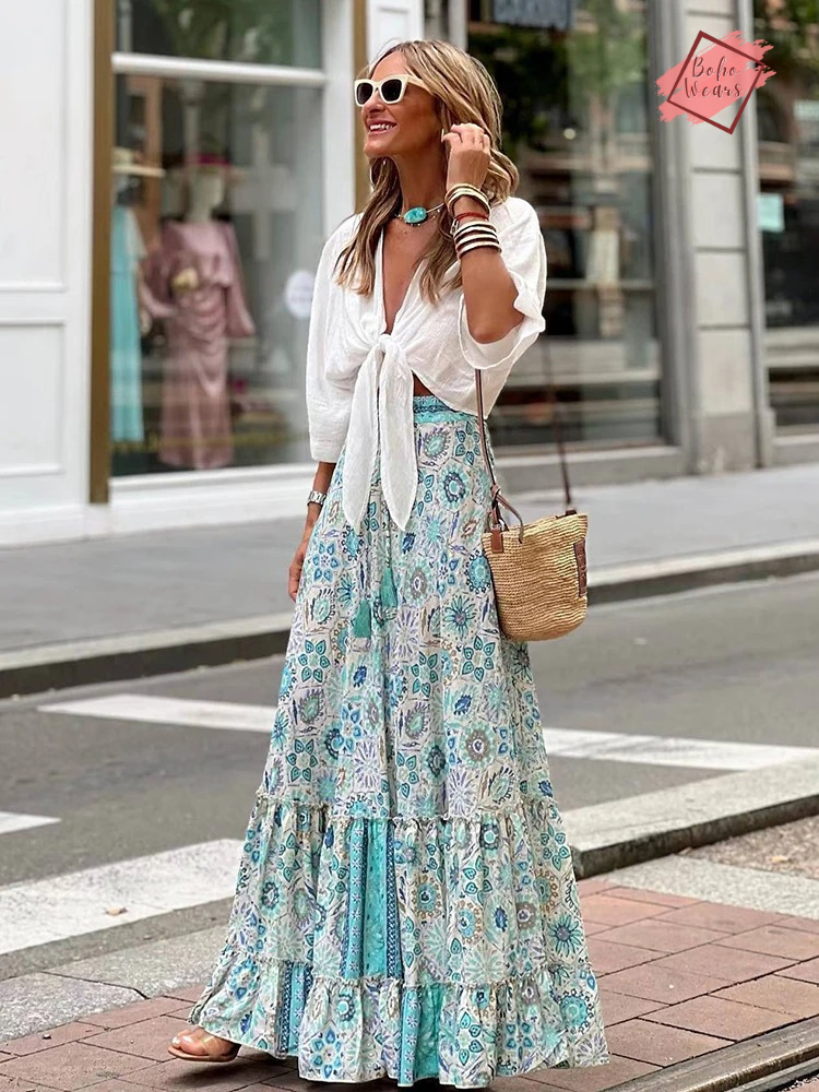 Trendy Women's Boho Skirt 2024: Summer Edition with Fashionable Tassel Tie