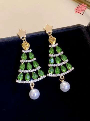 Sparkling Green Crystal Christmas Tree Earrings with Elegant Pearl Dangles