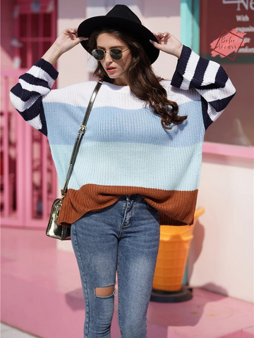 Women's Patchwork Pullover Sweaters - Autumn/Winter Striped Knit Jersey with Long Sleeves