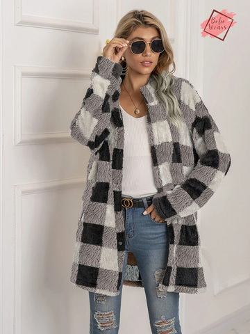 Chic and Cozy: Women's 2024 Winter Plush Overcoats in Trendy Vintage Plaid Design