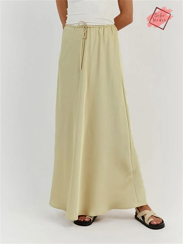 Women's Elegant High Waist Maxi Skirt: Casual Solid Satin with Lace-Up Detail and Patchwork Design
